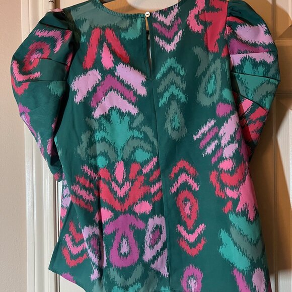NWT Michelle McDowell Women's Green Abstract Ikat Print Puff Sleeve Blouse Mediu - Picture 2 of 3